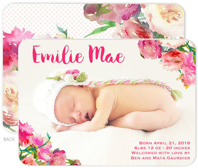 Watercolor Corner Peonies Photo Birth Announcements